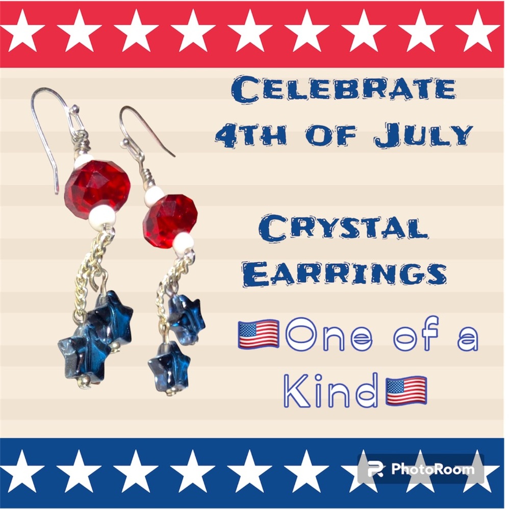 Earrings 3 blue glass stars on chains to red faceted  briolette crystal bead